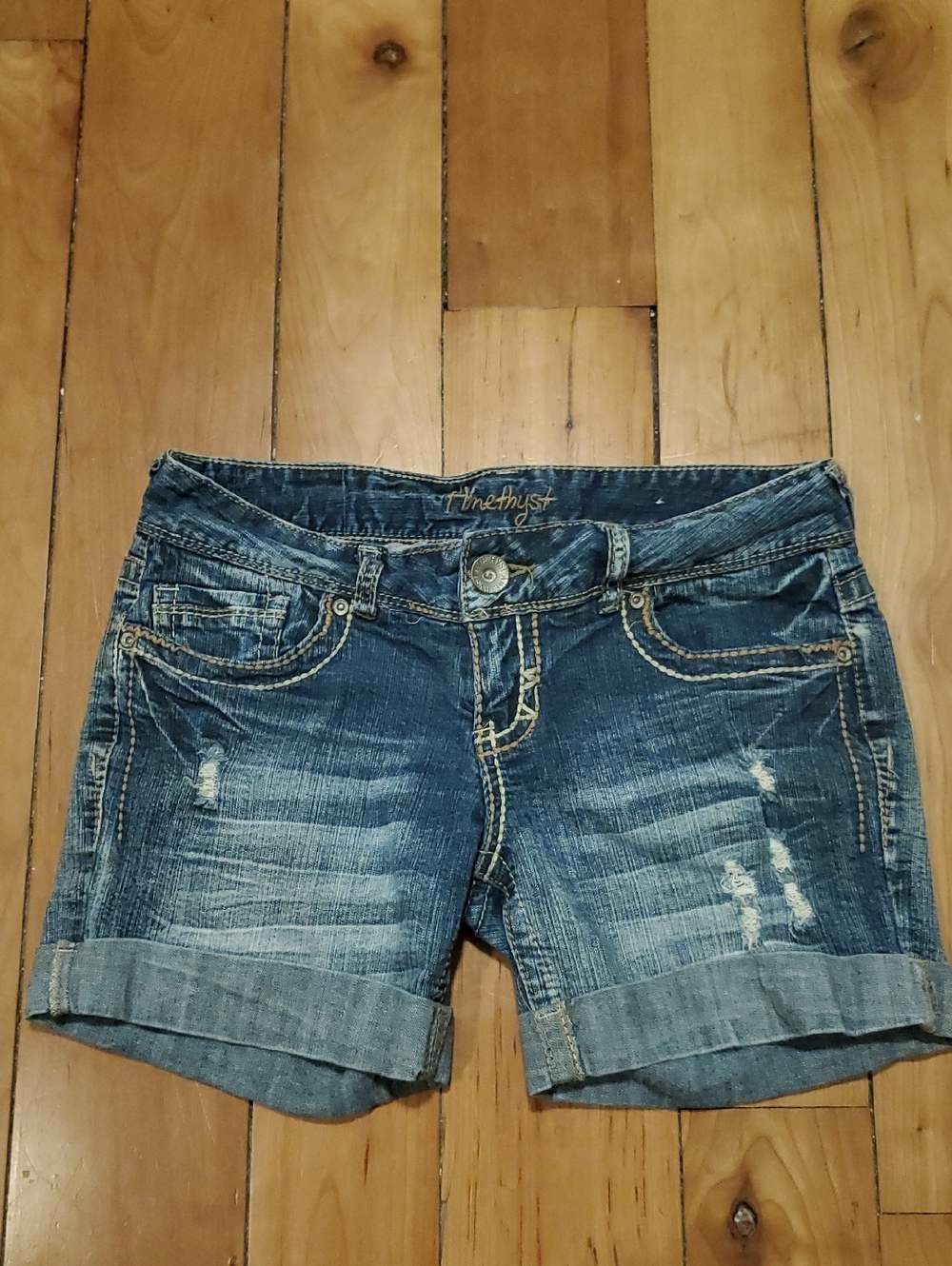 Amethyst Jeans Women's Distressed Cuffed Dark Blue Denim Shorts